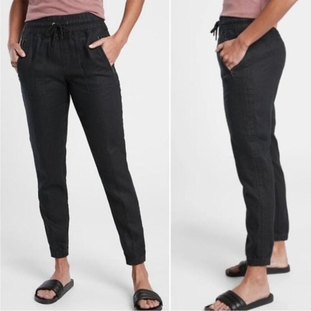 Athleta Cabo Joggers in Black 100% Linen Zip Pocket Drawstring